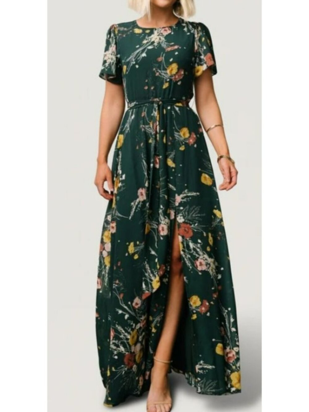 Baltic Born Green Floral Maxi Dress With Short Flutter Sleeve & Tie Waist Size L
